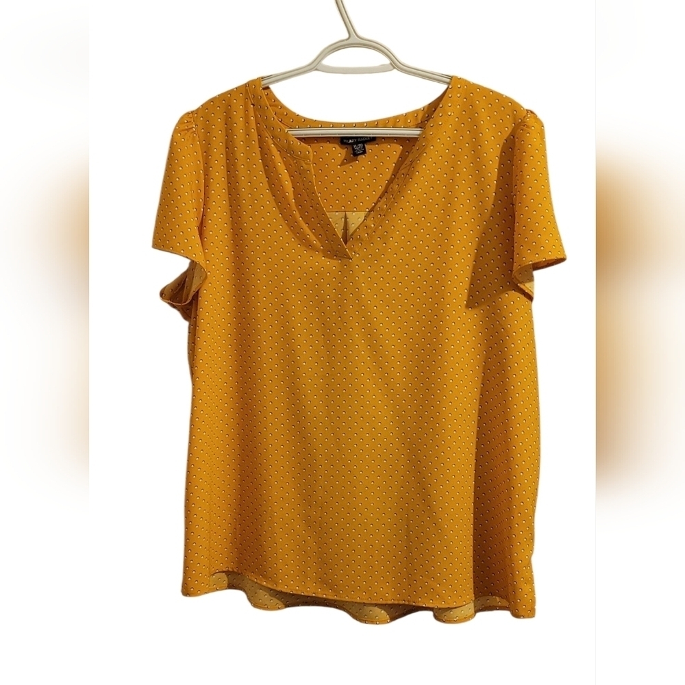 Hilary Radley Mustard Yellow And White Polka Dot Vee Neck Blouse Size XL